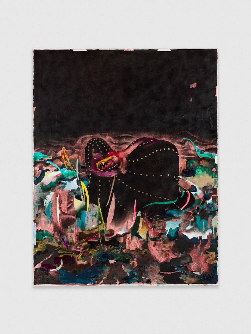 An abstract painting made mostly with black and hyper colored pigments.