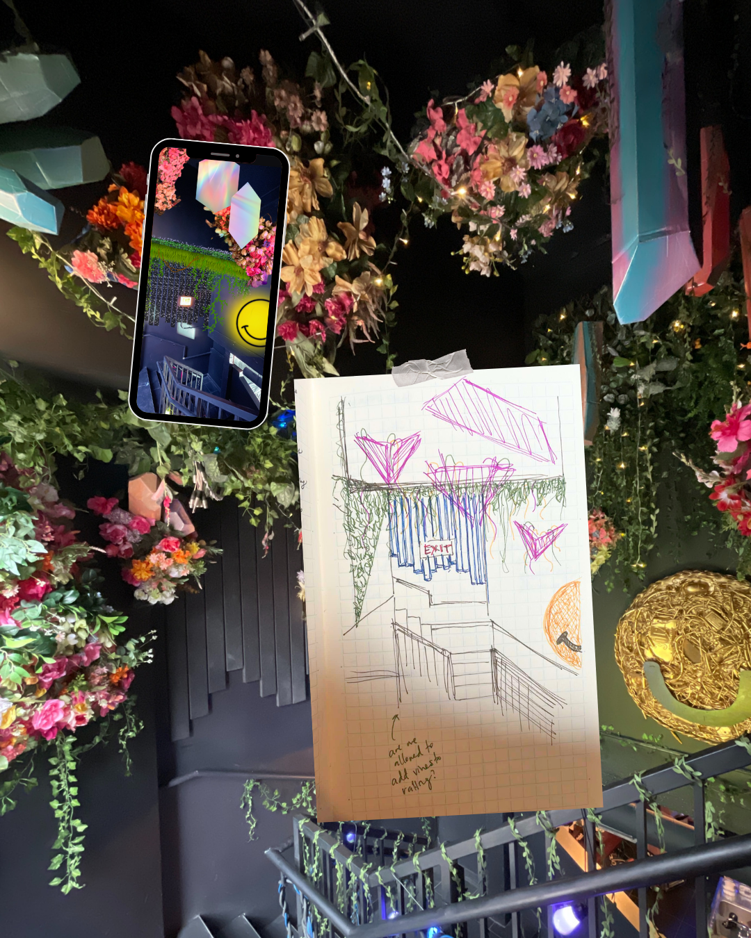 A collage of a sketch of an installation on top of a photograph of flowers and other images.