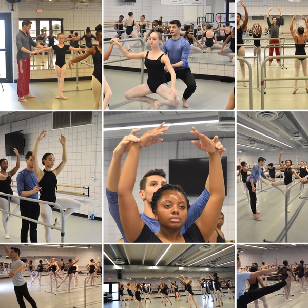 Nine images of a White/Queer Masc Person with Shorter brown hair instructing students on how to do ballet. 
