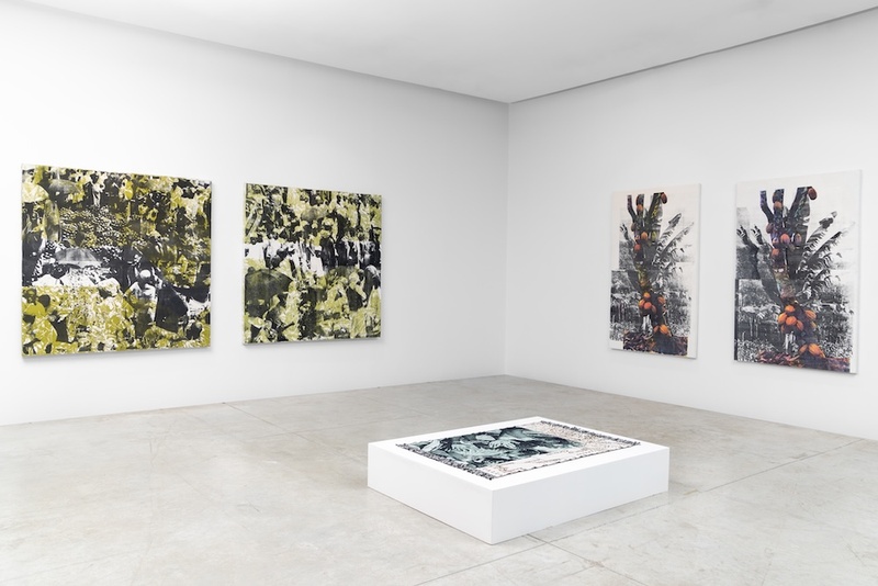 An installation shot of a show in a white wall gallery. Four paintings hang and one print is on a pedestal on the floor in the center. 