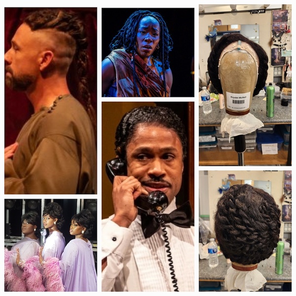  A grid of images all featuring different styled wigs for theater productions. 