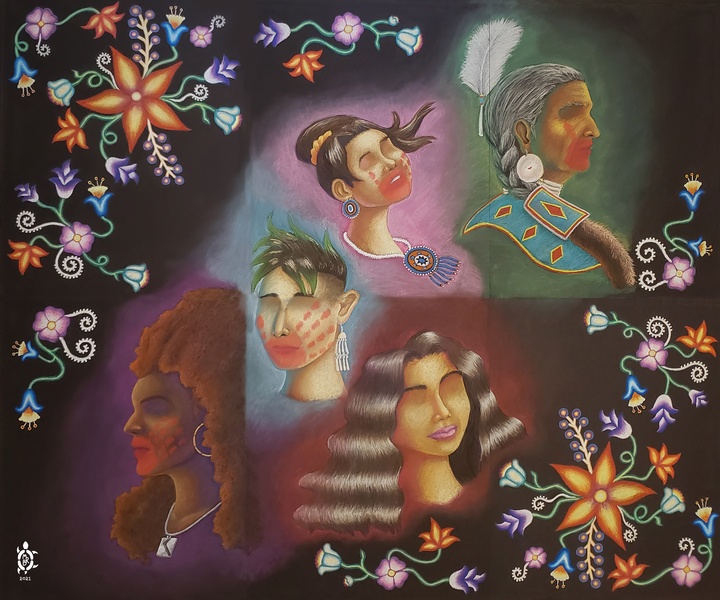  Image of a drawing made with pastels. Five Native women are illustrated without eyes in the center of the drawing on a dark background. There are vibrantly colored florals surrounding them. 