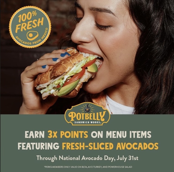  An advertisement for the sandwich shop Potbelly. A zoomed in photo of Jocelyn eating a sandwich. 