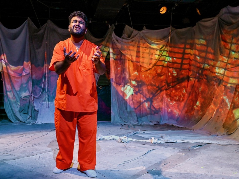 In the forgeground; a young Latino w dark curly hair & facial hair, in an orange prison suit, arms outstretched and pleading. In the background he is surrounded by a projection of glistening red meat. 
