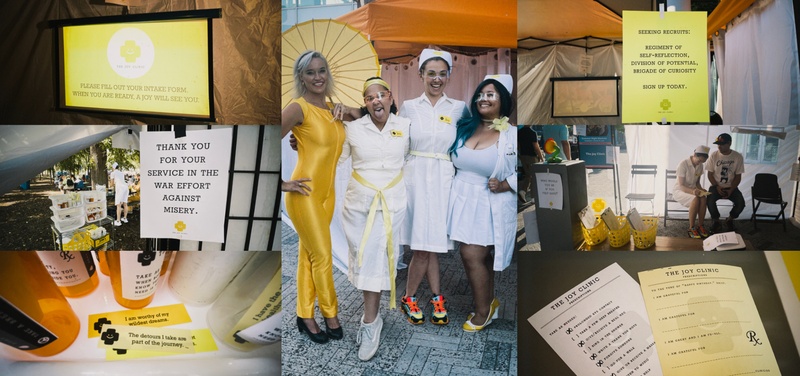  Three images from an event titled "the way against misery" there are photos of volunteers, documents and other props. 