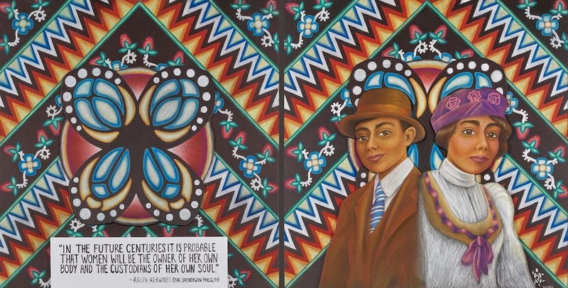  Image of a pastel illustration with two figures one is wearing a brown suit and matching hat, white shirt and tie standing in from of a patterned triangle background. The other is wearing a white dress, purple hair and matching neck adornment. 