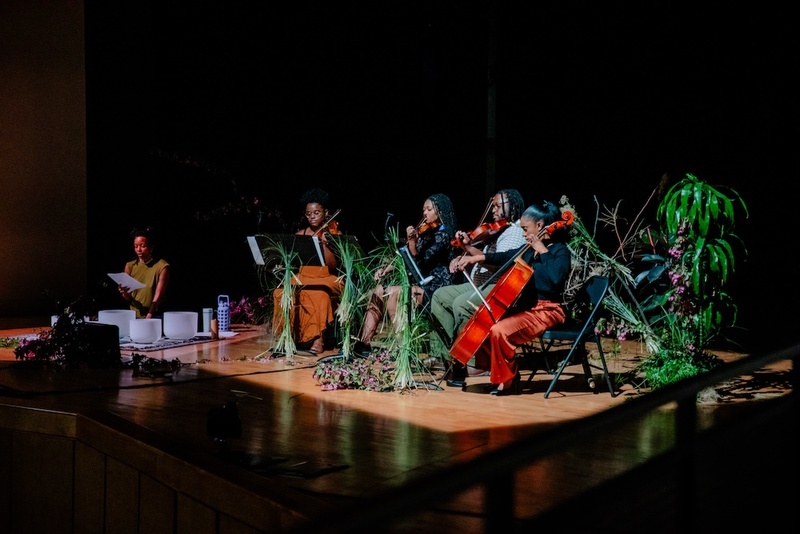  Five performers sit on stage all playing different musical instruments. There are plants and different greenery wrapped around microphone stands and music stands. 