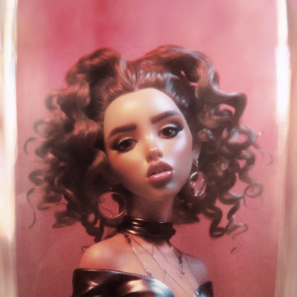  A rendering of a doll like femme-presenting person with long curly dark hair. It poses in front of a pink background. 